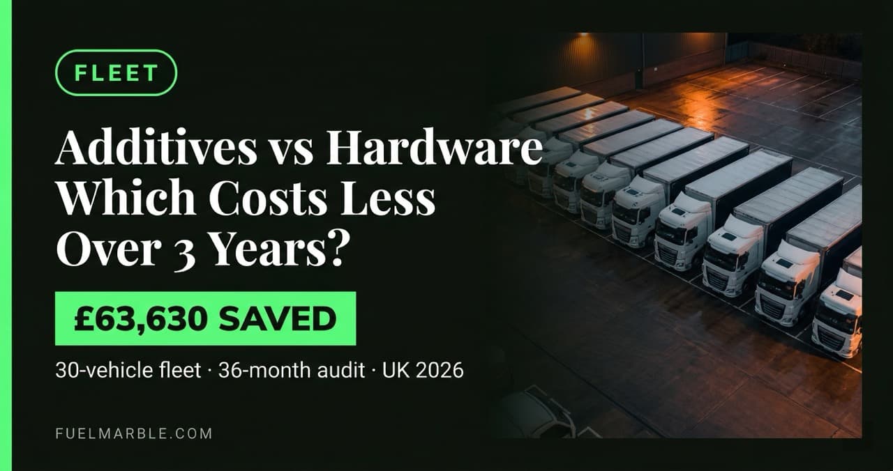 Row of white HGV trucks parked in a dark UK logistics depot at dusk, wet tarmac, fleet cost comparison for diesel additive programme vs hardware total cost of ownership