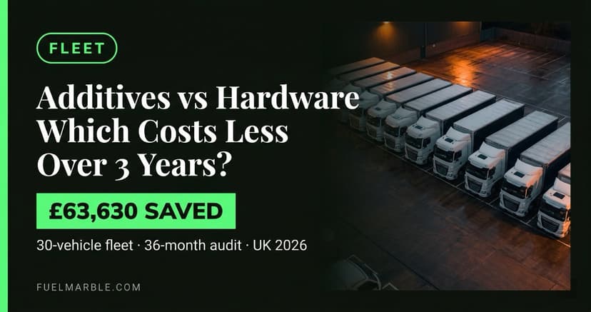 Row of white HGV trucks parked in a dark UK logistics depot at dusk, wet tarmac, fleet cost comparison for diesel additive programme vs hardware total cost of ownership