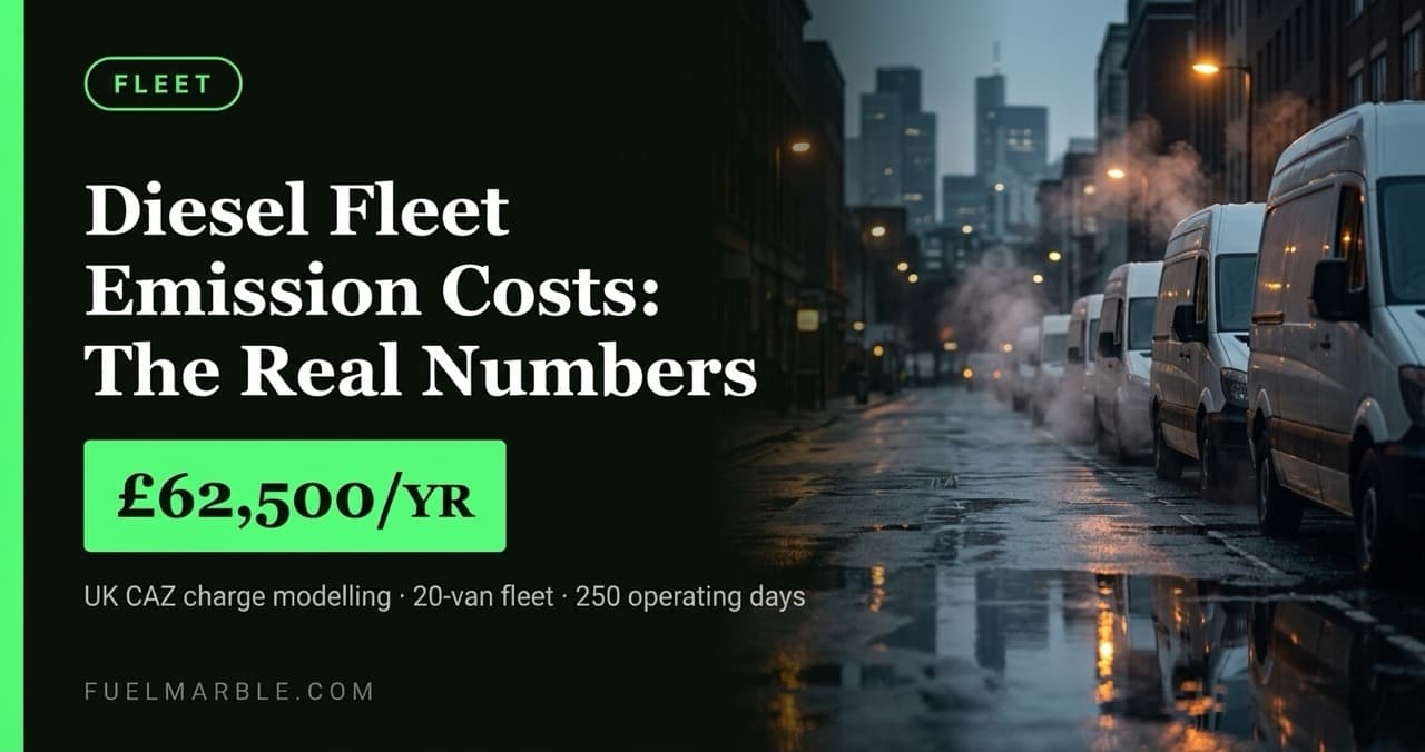 Line of diesel fleet vans parked on a wet urban street at dawn, exhaust visible in cold morning air — illustrating fleet emission compliance pressure in UK Clean Air Zones