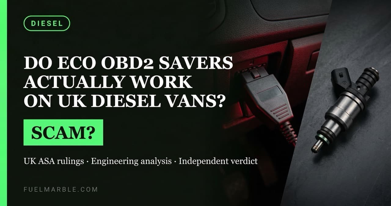 ECO OBD2 fuel saver dongle alongside a diesel fuel injector — why plug-in dongles cannot affect combustion in UK diesel vans