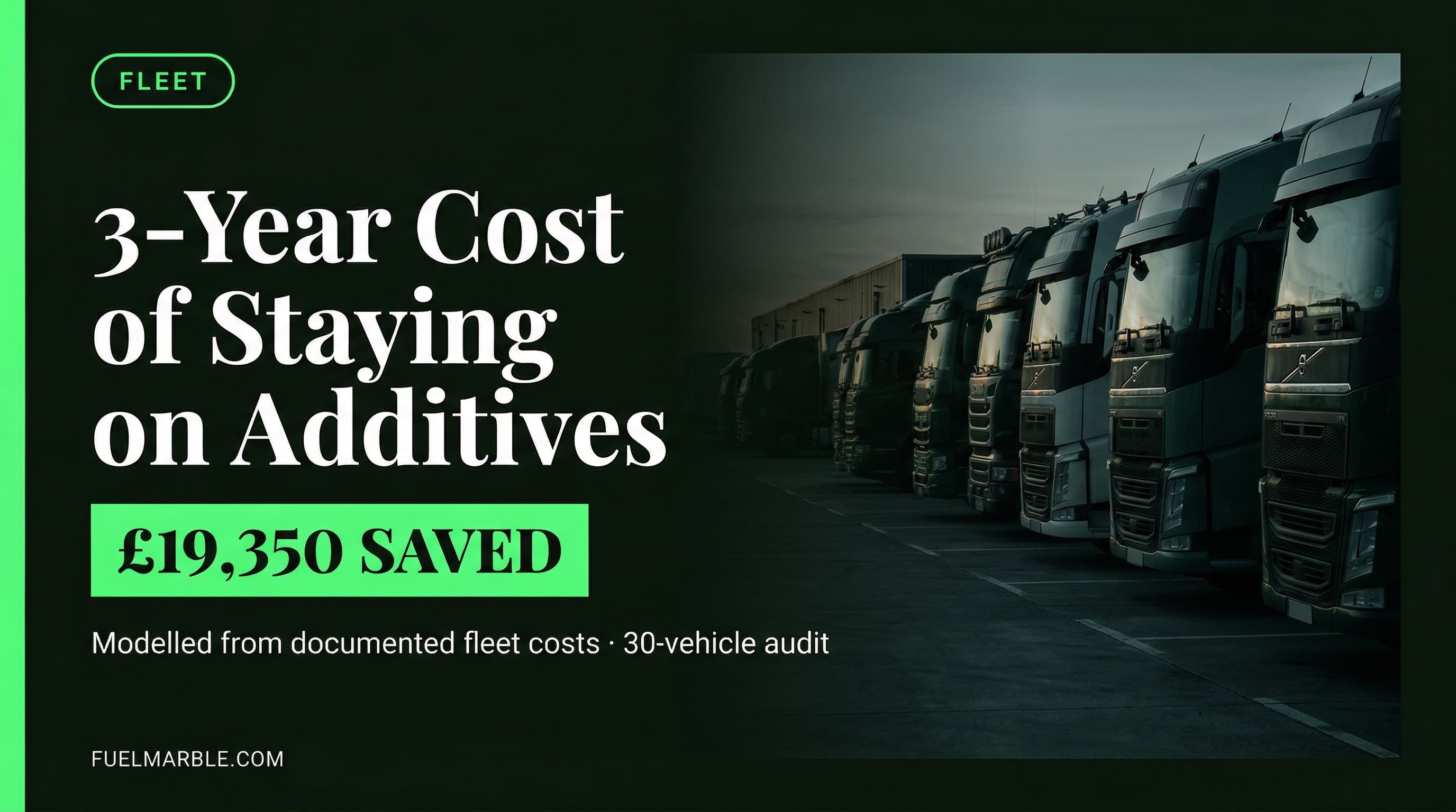 3-year fleet cost comparison: fuel additive programme versus FuelMarble hardware across 5 fleet sizes from 5 to 50 vehicles