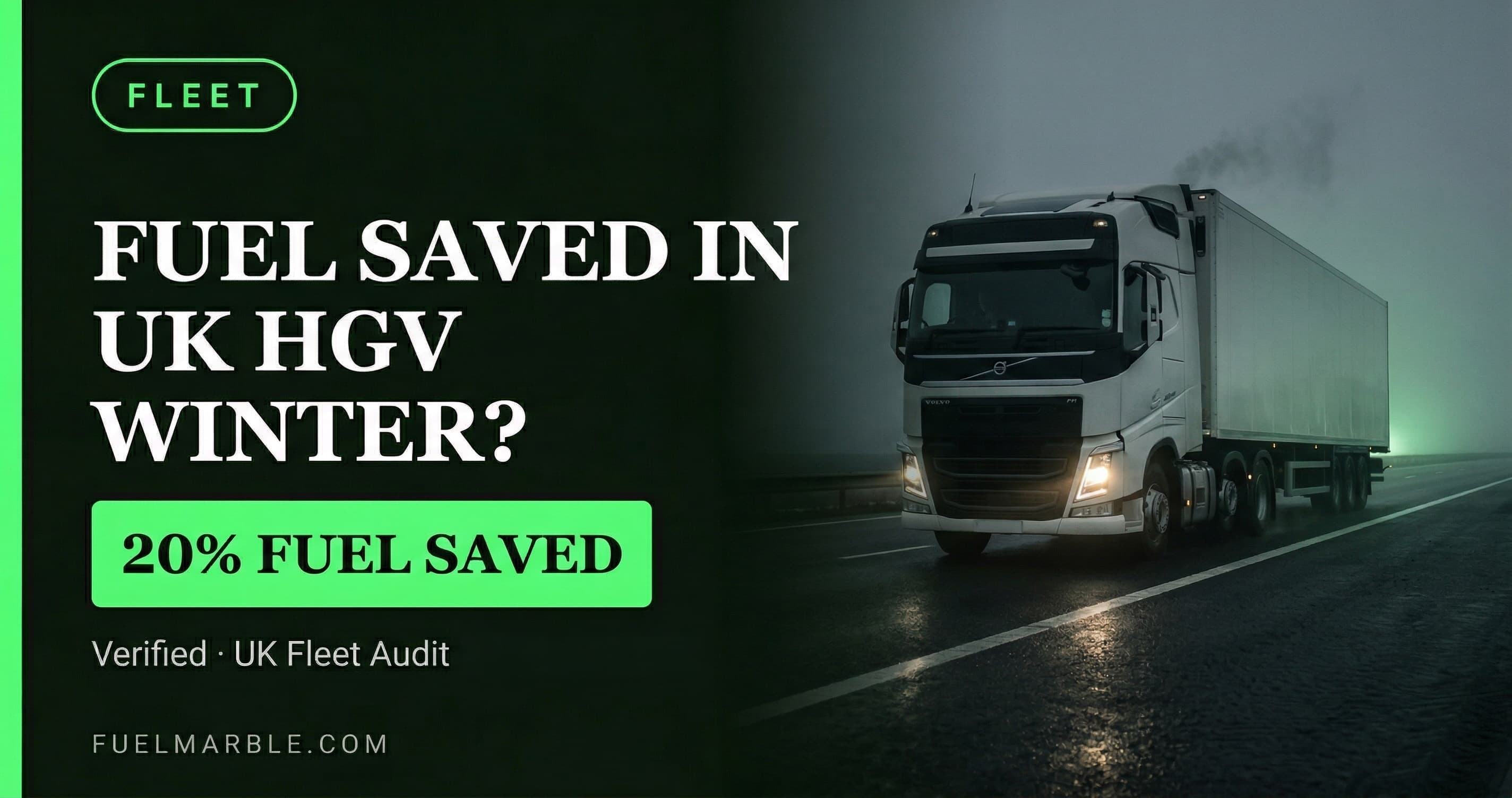 Volvo FM HGV on a UK motorway on a dark winter morning, headlights on, wet tarmac reflecting orange gantry lights