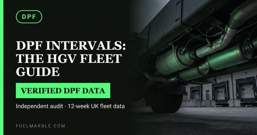 Euro VI HGV truck parked at a UK logistics depot, undercarriage showing exhaust aftertreatment system, dark industrial atmosphere