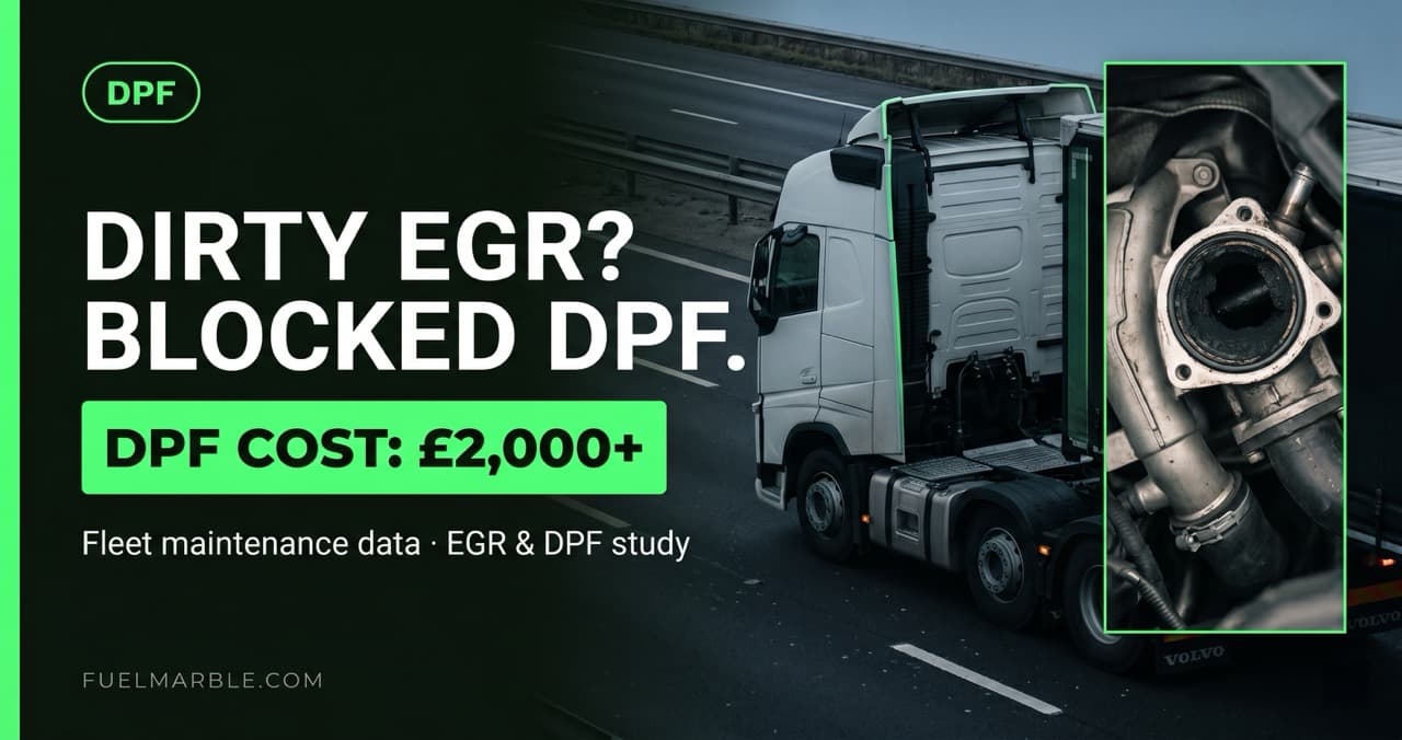 Volvo FM HGV on UK motorway, close-up of emissions system components, dark desaturated treatment