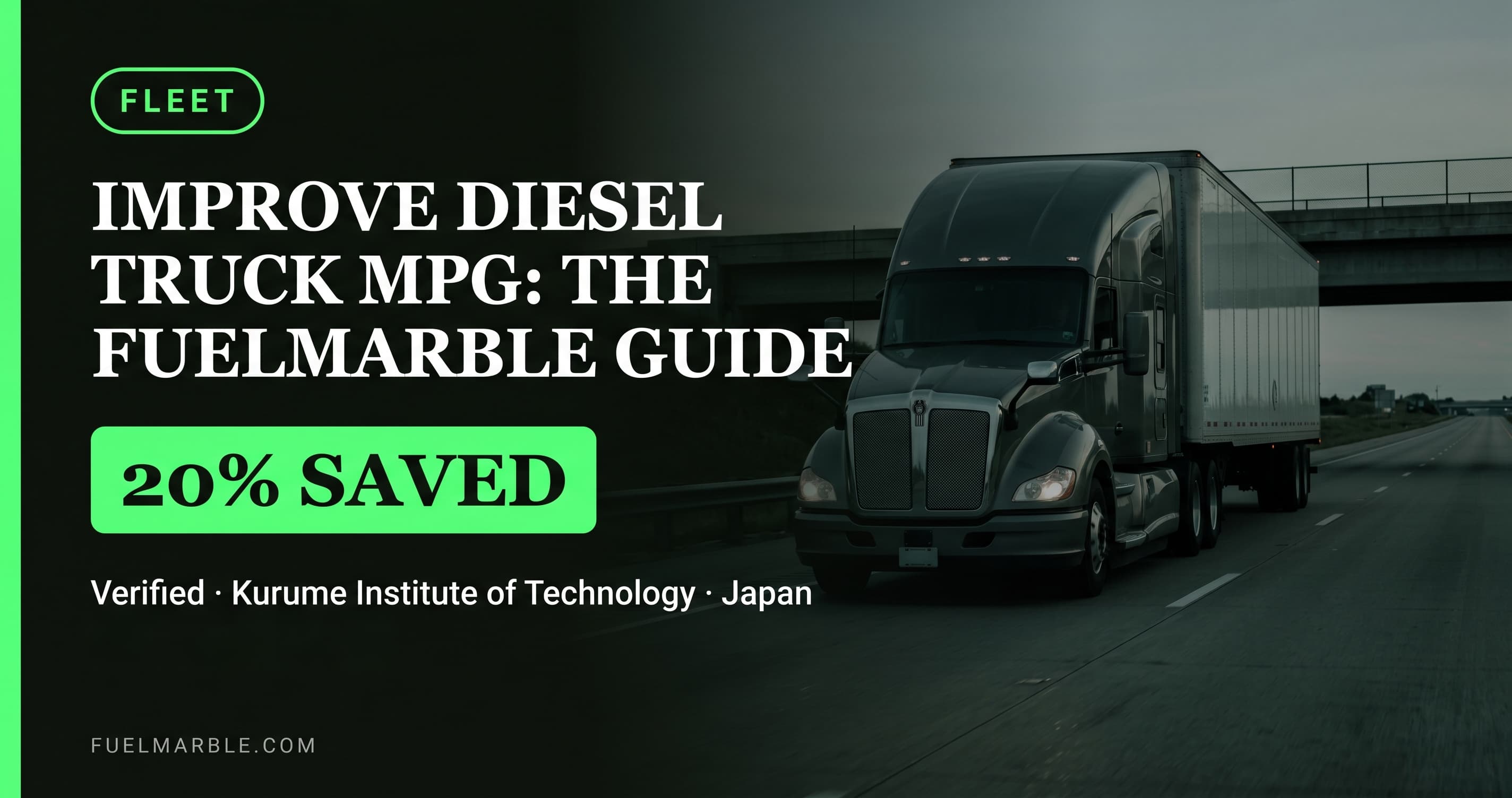 A Kenworth T680 Class 8 semi truck on an empty interstate highway at dusk, low-angle front-quarter view showing trailer side skirts and dashboard glow, representing diesel fleet MPG optimisation.