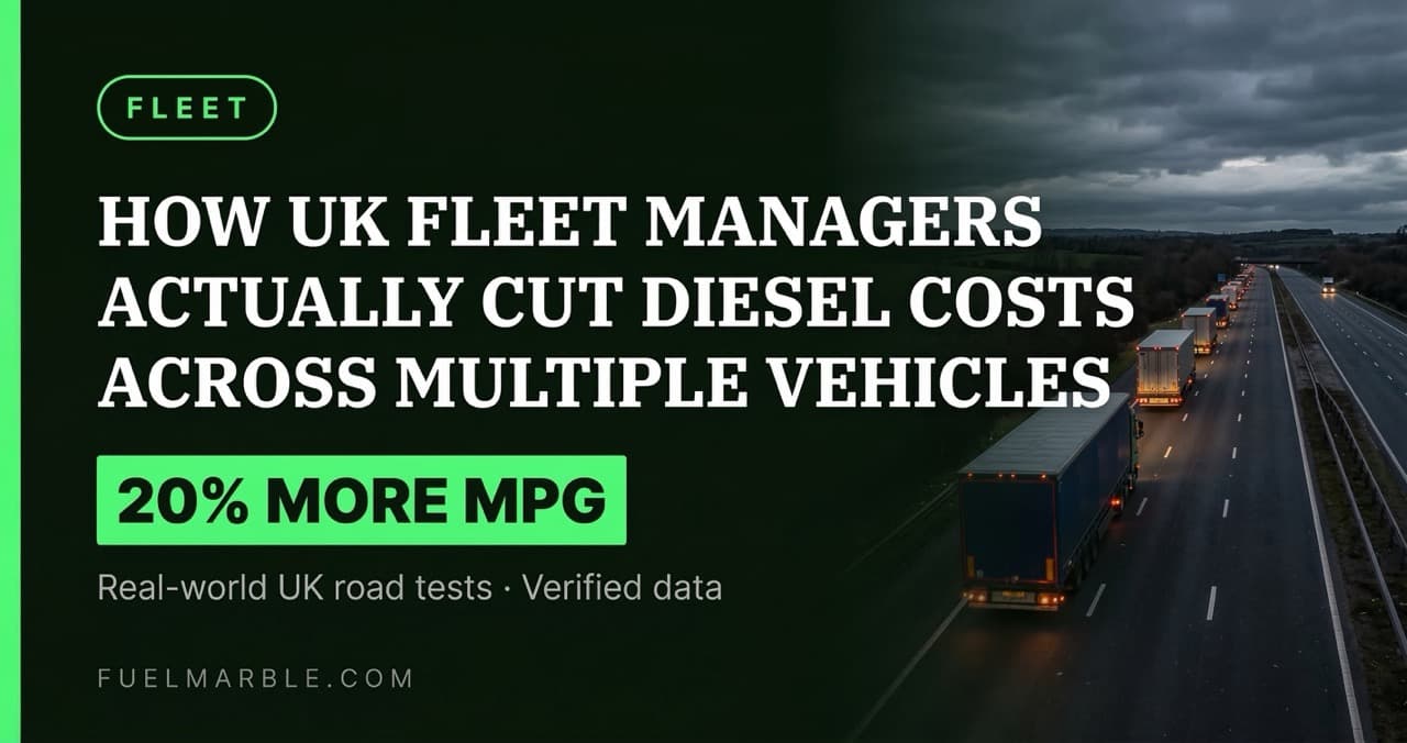 HGV cab driver's-eye view of a UK motorway at dusk — FuelMarble fleet fuel cost savings guide for diesel fleet managers