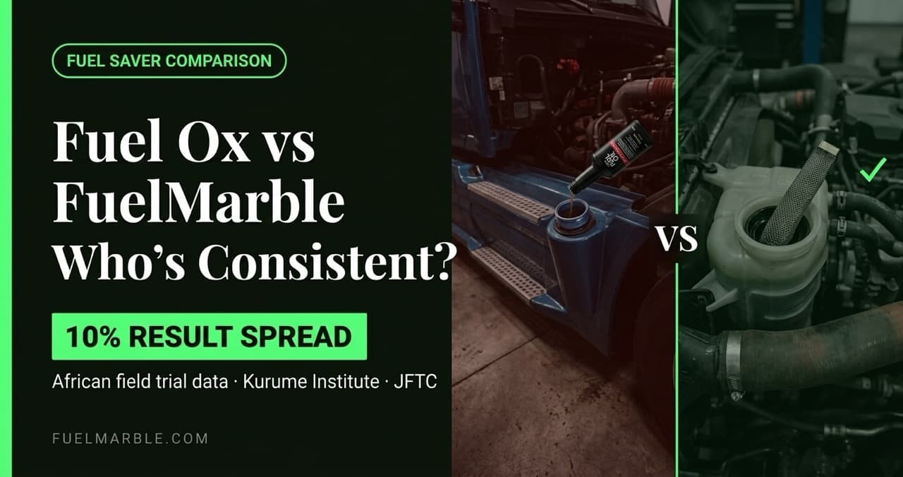Fuel Ox combustion catalyst additive bottle versus FuelMarble coolant-circuit device — side-by-side comparison