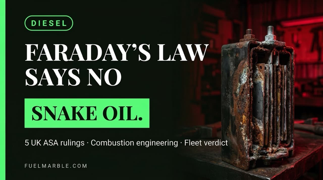 Corroded HHO hydrogen generator electrode cell versus FuelMarble mineral coolant device — side-by-side comparison for UK diesel fleet operators