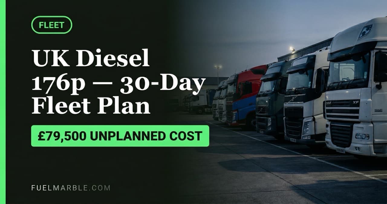 Row of HGV lorries queuing at a UK motorway diesel forecourt at dusk with fuel price board visible