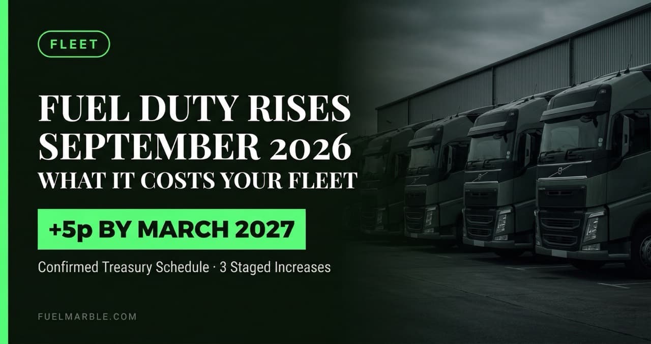 A heavy goods vehicle at a UK motorway service station forecourt at night — representing the confirmed fuel duty increases arriving September 2026