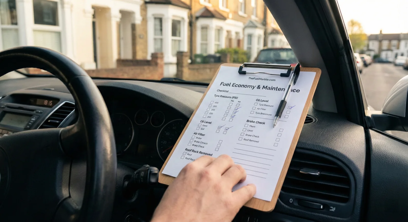 Car maintenance checklist on clipboard on car dashboard — complete fuel economy guide