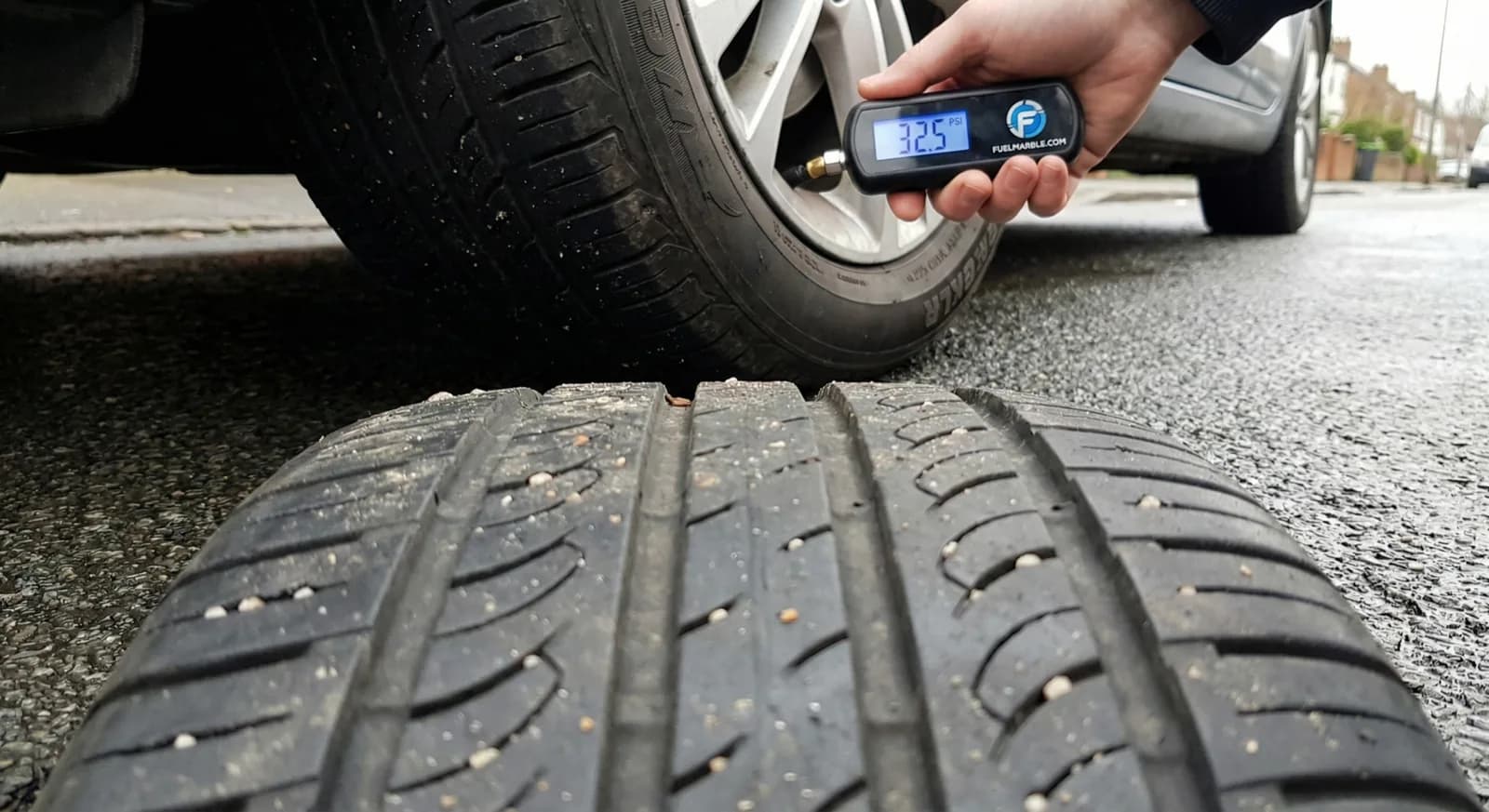 Checking tyre pressure with digital gauge on UK car tyre
