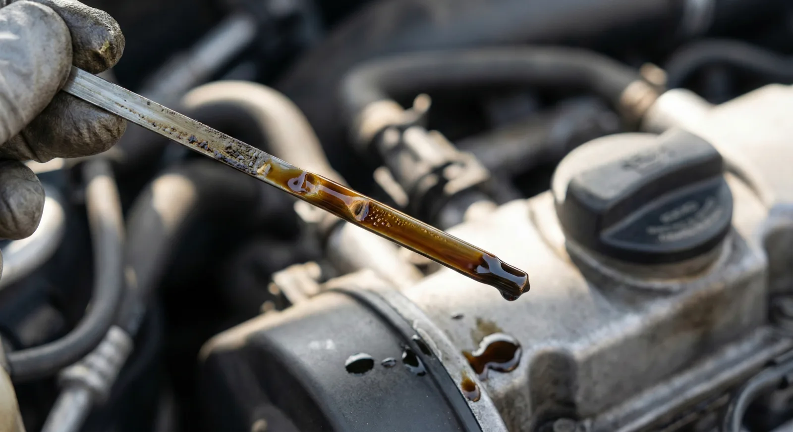 Close-up of engine oil dipstick showing dark used oil — importance of correct viscosity grade