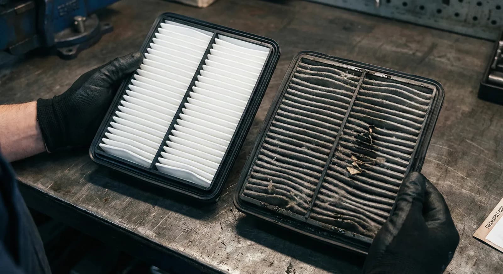 New vs dirty clogged engine air filter comparison — modern vs older vehicle impact