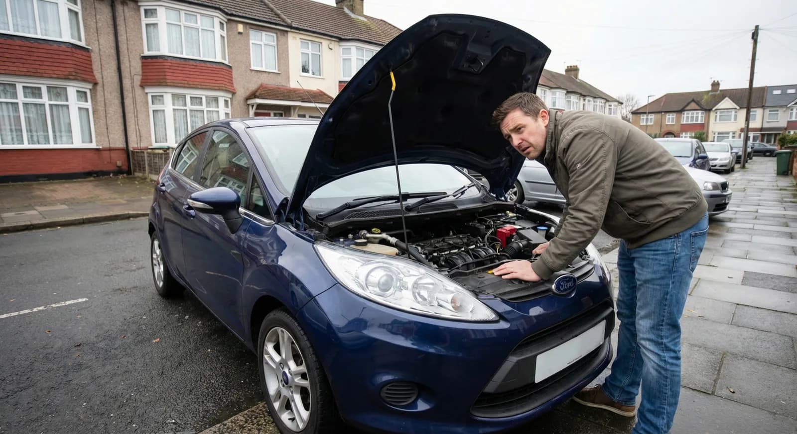 UK driver checking car engine on a residential street to improve fuel economy