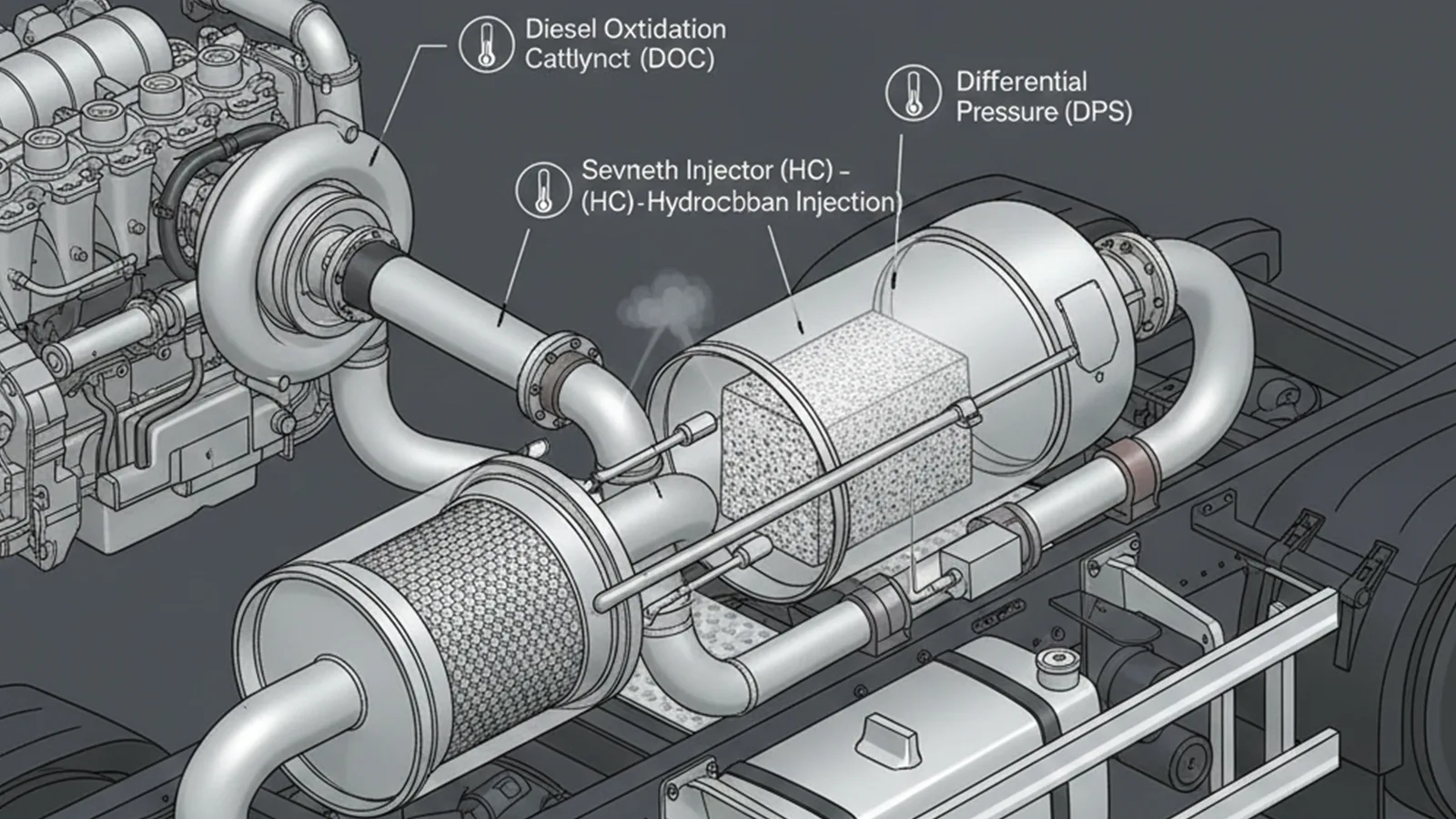 Volvo FM exhaust system showing DPF and aftertreatment components