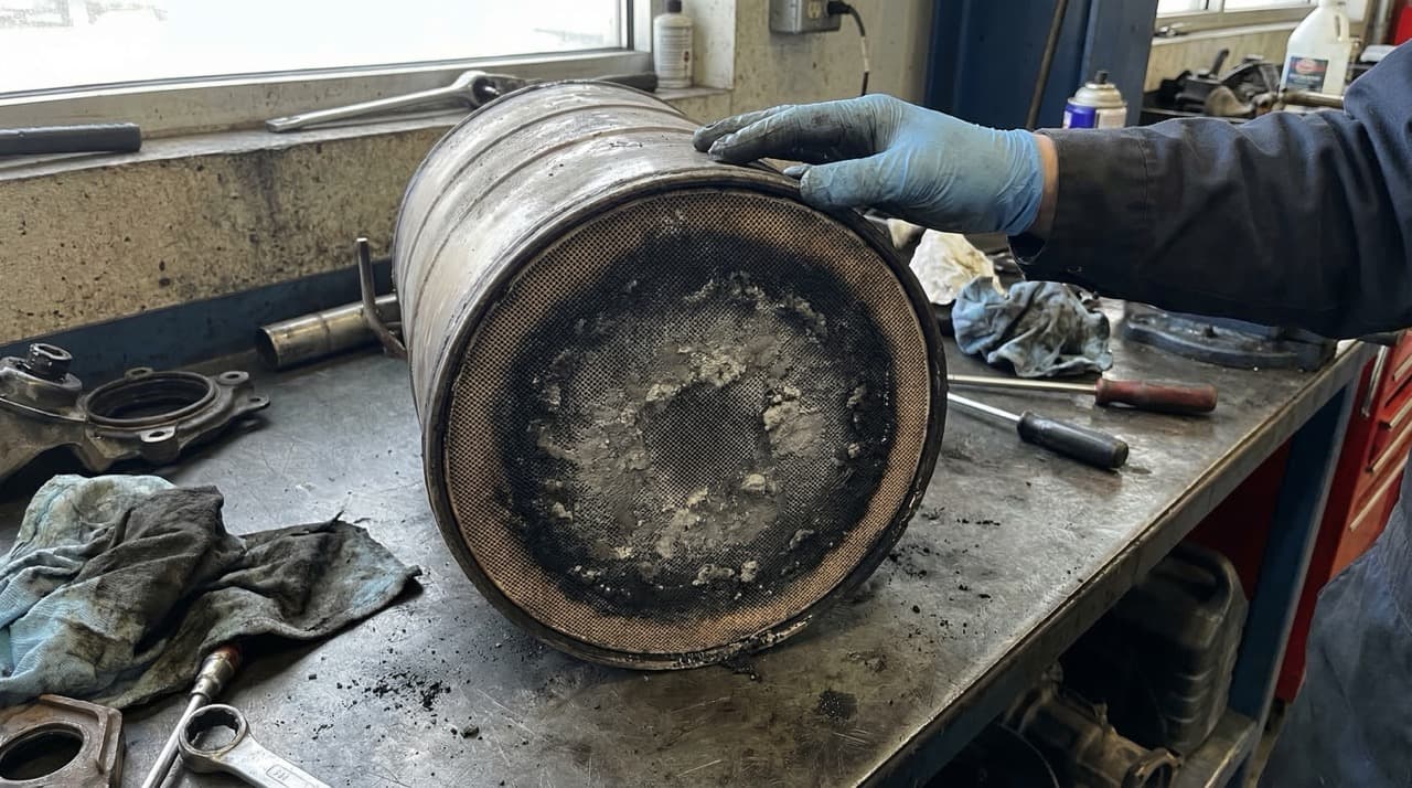 Clogged diesel particulate filter removed for cleaning — HGV DPF maintenance cost UK fleet