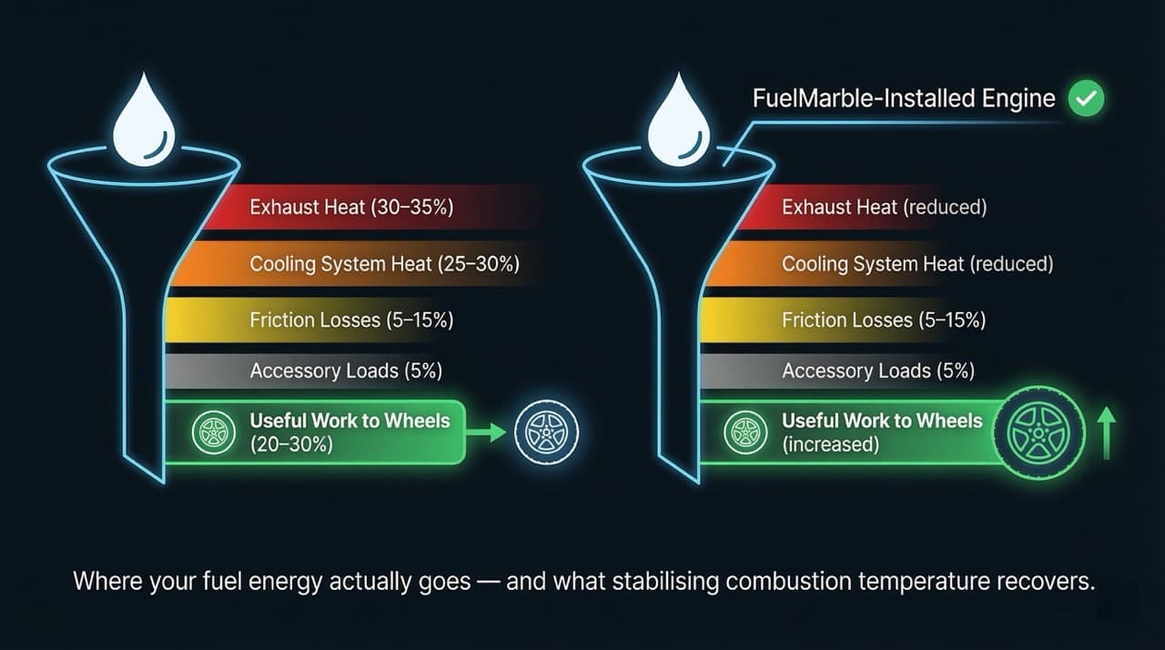 combustion engine energy loss diagram — exhaust heat waste versus useful work, fuel efficiency improvement with combustion temperature stabilisation