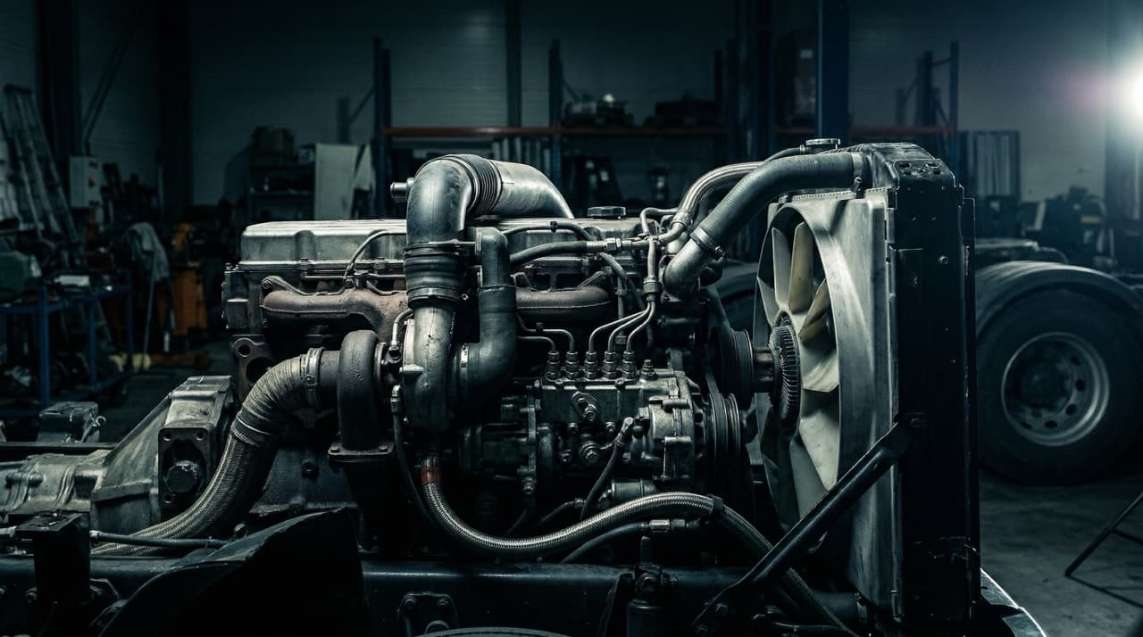 Close-up of a heavy commercial diesel engine bay in an industrial workshop, dramatic side lighting illuminating the cooling system components, dark cinematic atmosphere representing fleet maintenance and fuel consumption analysis
