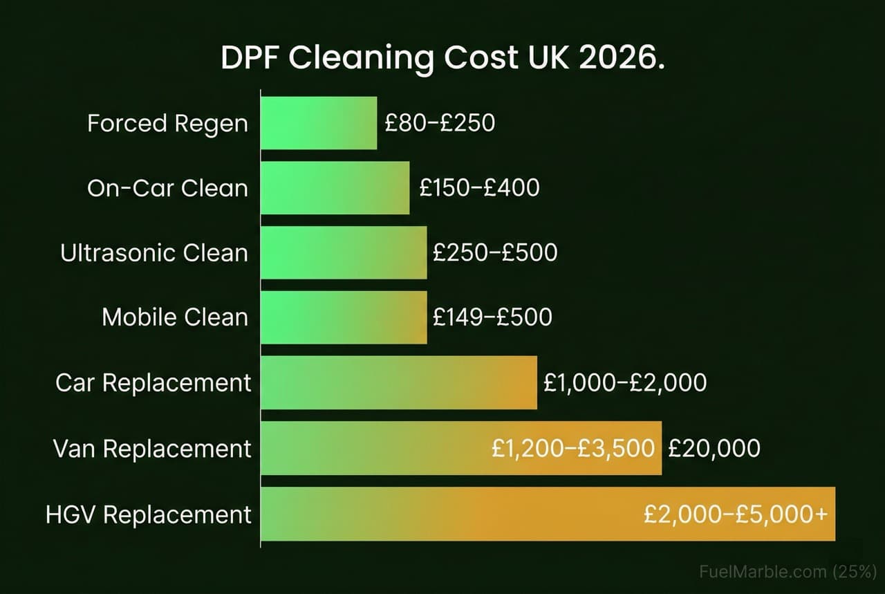 Bar chart comparing UK DPF cleaning costs from forced regen at £80 to HGV replacement at £5,000 plus