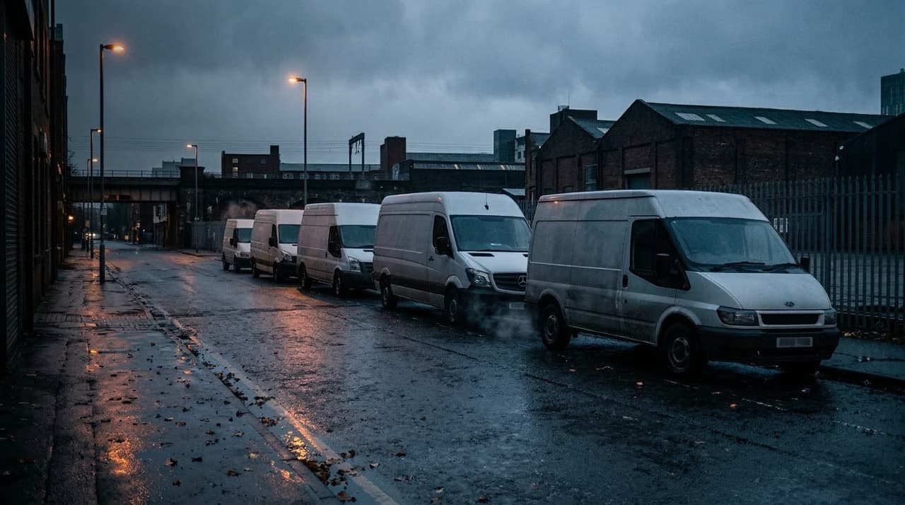 Line of diesel fleet vans parked on a wet urban street at dawn, exhaust visible in cold morning air — fleet emission compliance pressure in UK Clean Air Zones
