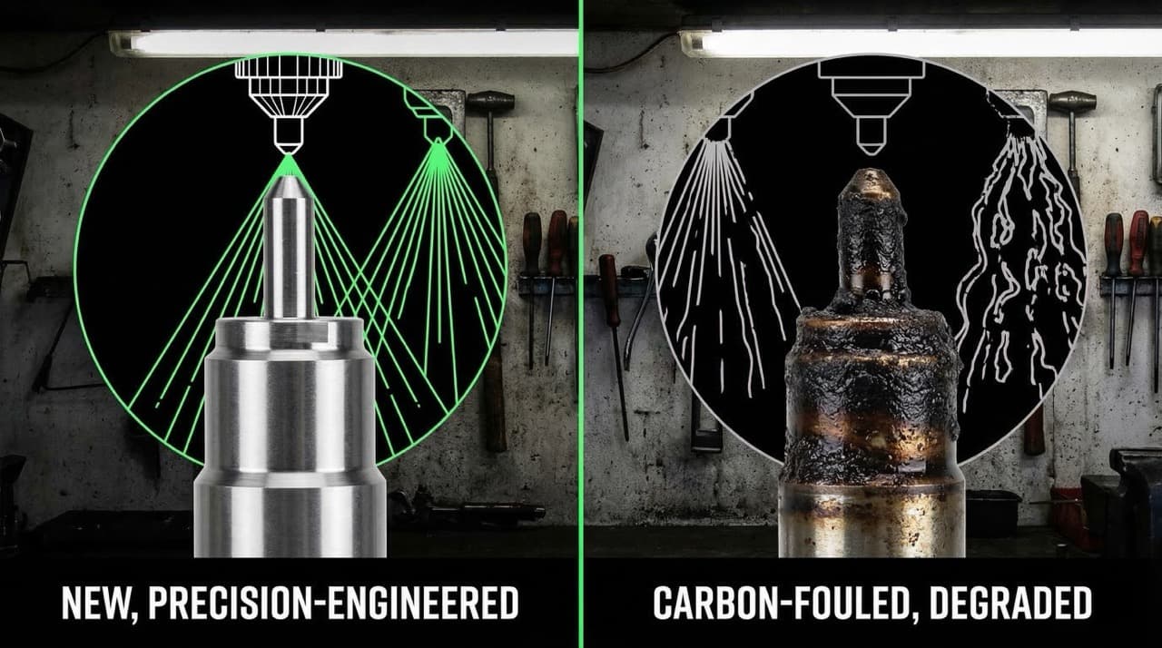 Diesel injector tip carbon build-up comparison — clean vs carbon-fouled — fleet engine thermal efficiency