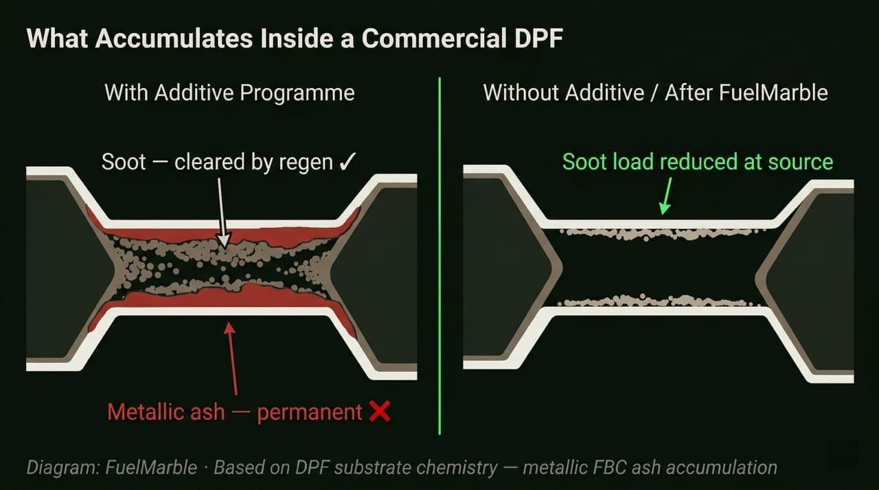 Side-by-side diagram of a commercial DPF substrate cross-section showing metallic ash permanently blocking filter channels from fuel-borne catalyst additives versus a clean reduced-soot channel, illustrating why DPF failure is irreversible once ash accumulation begins
