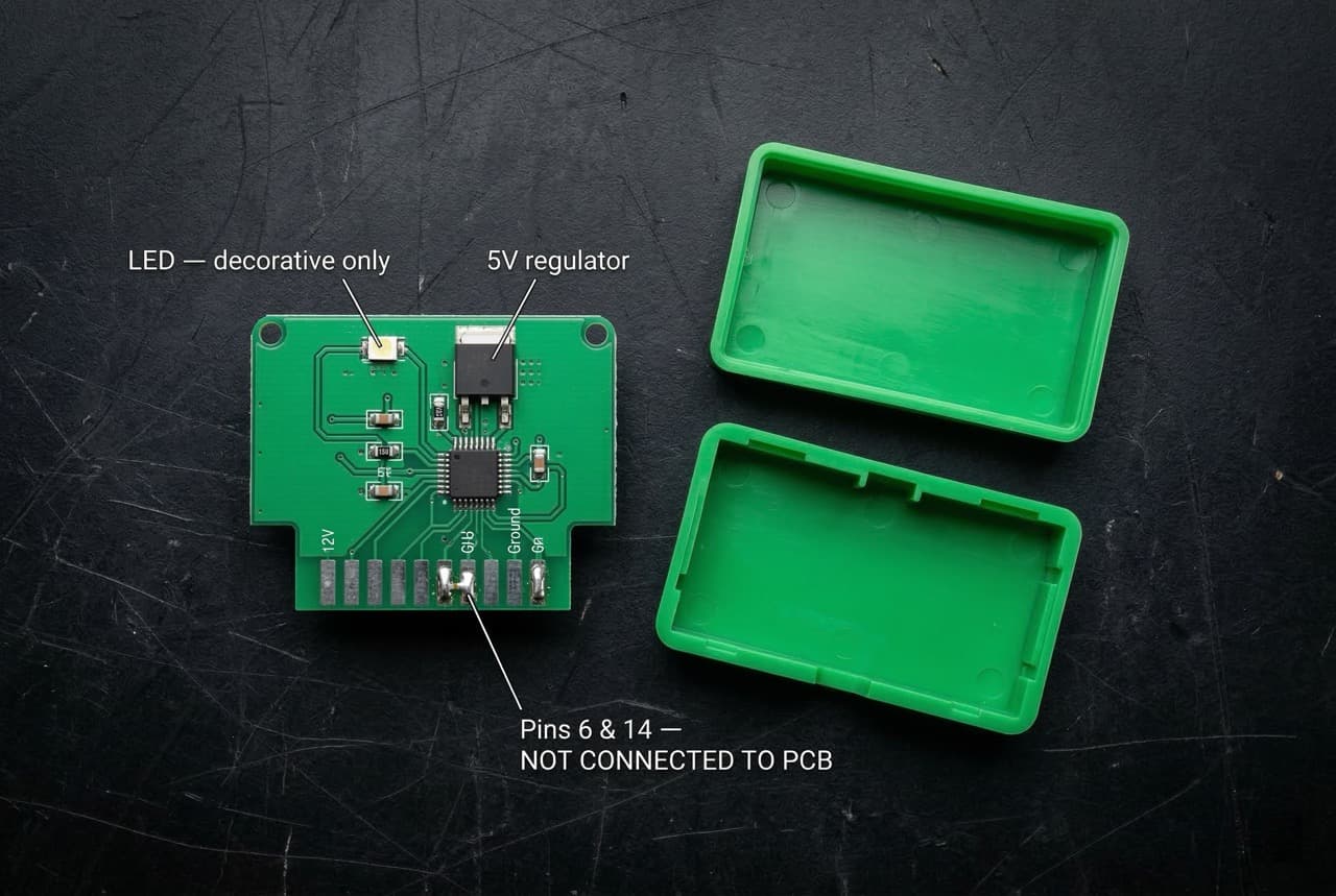 Inside a disassembled ECO OBD2 fuel saver dongle showing minimal PCB components — LED, voltage regulator, and unconnected CAN bus pins confirming the device cannot communicate with the ECU