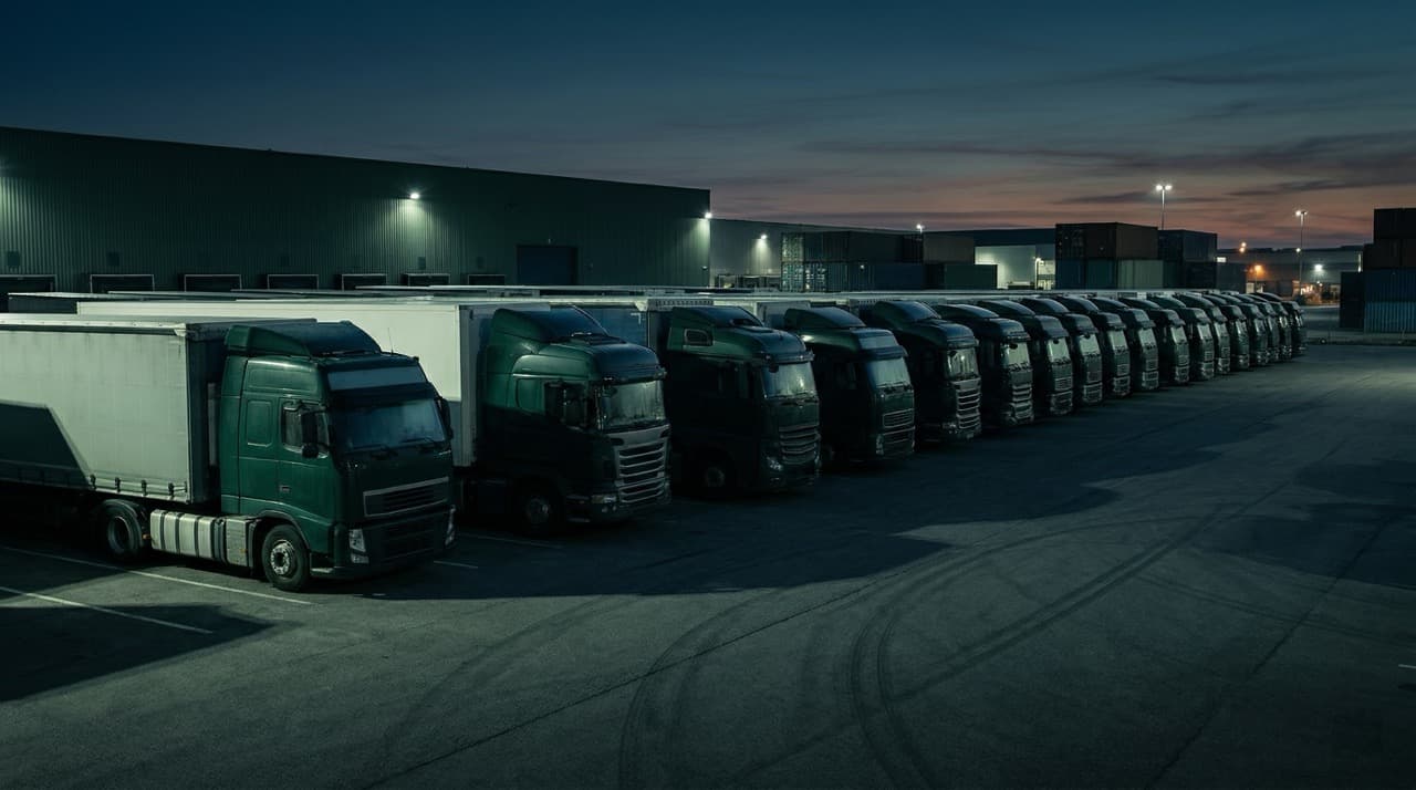 Row of commercial HGV diesel trucks parked at a UK logistics fleet depot at dusk, viewed from ground level, dark cinematic atmosphere highlighting the operational scale of a multi-vehicle commercial fleet