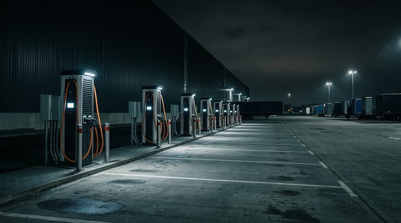 Commercial EV charging bay at a logistics depot at night — representing the capital cost barrier of full fleet electrification for UK diesel operators