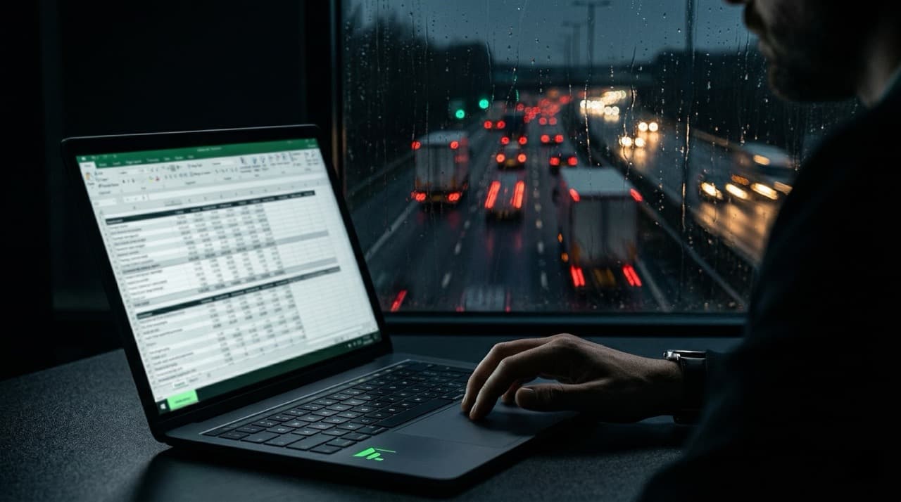 Fleet manager reviewing diesel fuel cost spreadsheet in dark office at night, HGV trucks visible through rain-streaked window, illustrating additive programme vs hardware total cost of ownership comparison for UK commercial fleets