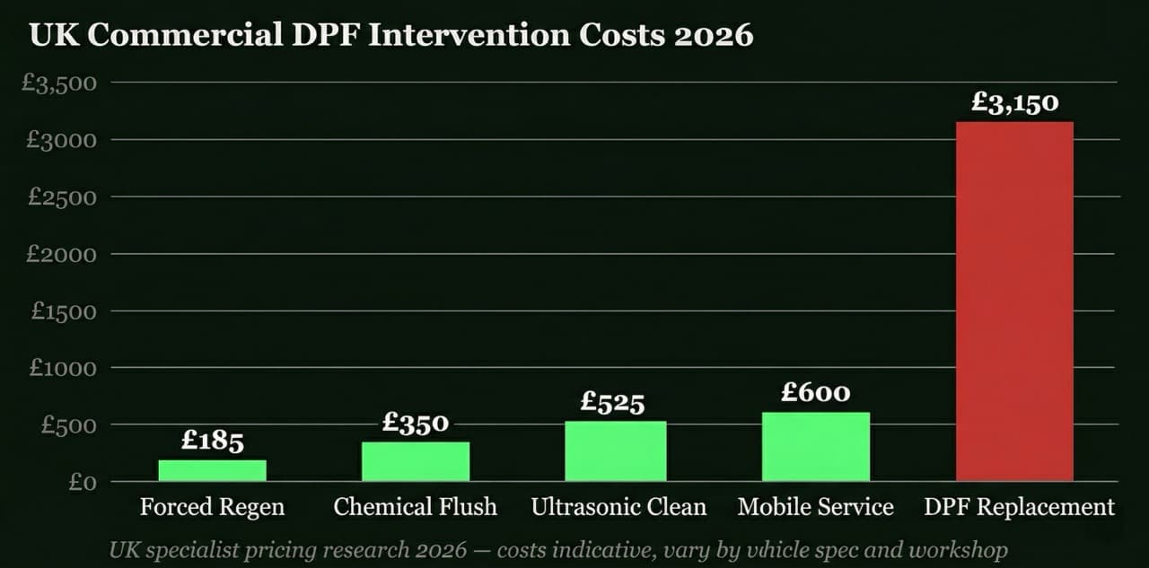 Side-by-side stat block comparing UK commercial DPF cleaning cost of £300–£800 against DPF replacement cost of £1,800–£4,500 per vehicle in 2026