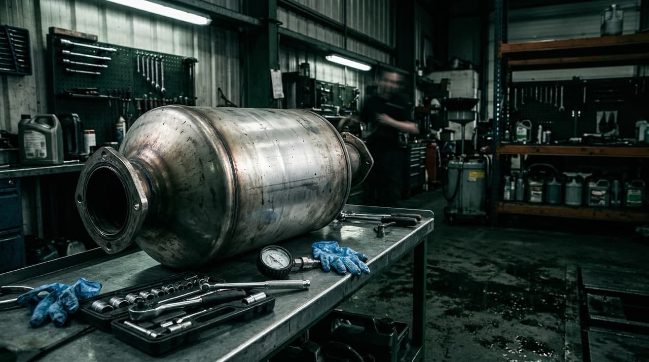 Heavy-duty Euro VI DPF canister on workshop bench awaiting commercial cleaning service at a UK truck specialist