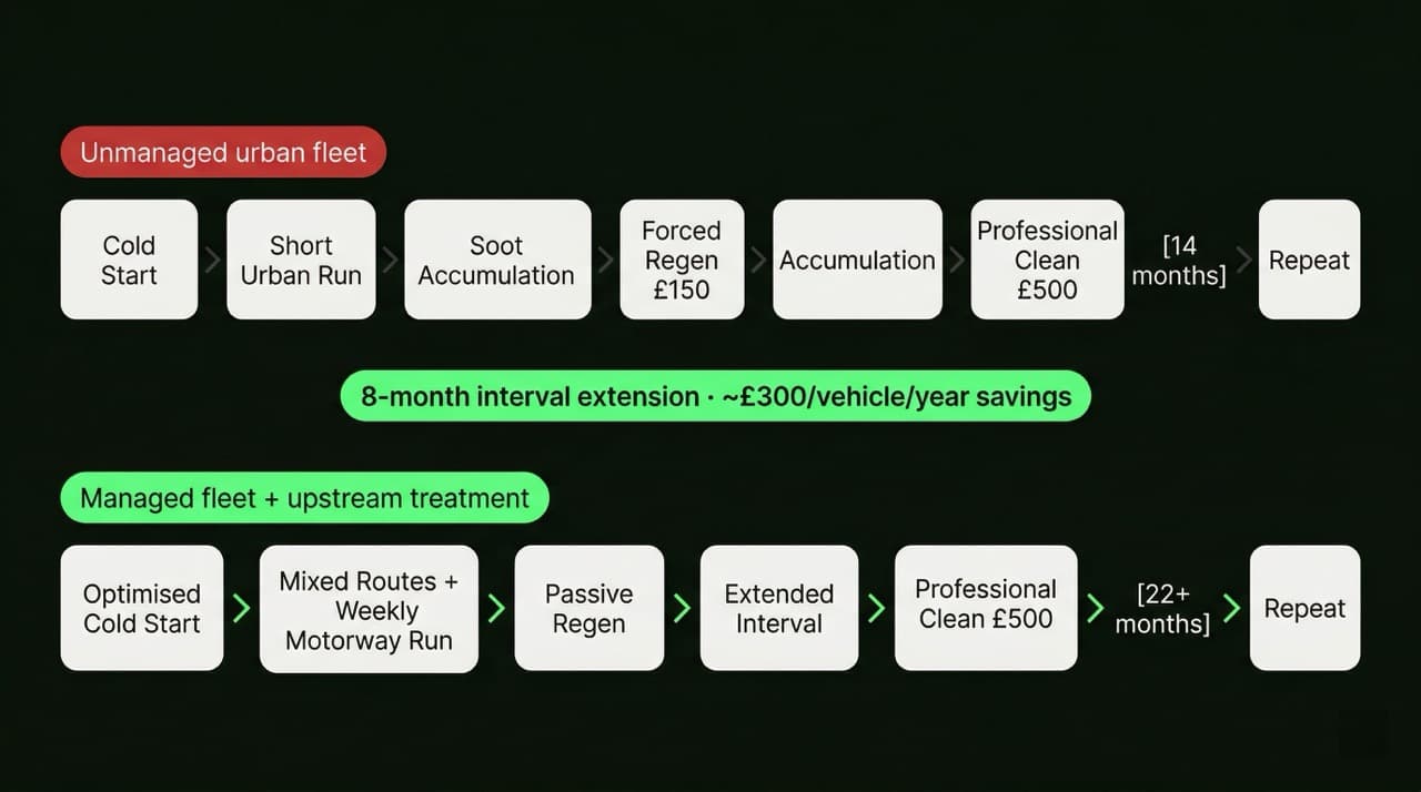 Diagram comparing DPF service intervals for unmanaged UK fleet at 14 months versus managed fleet with FuelMarble at 22+ months, showing cost saving per vehicle per year