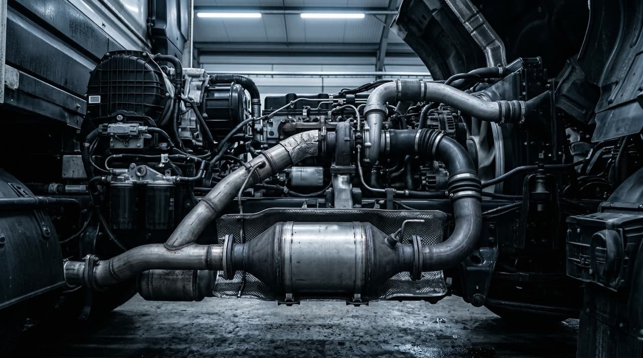 HGV diesel engine bay showing DPF unit in workshop setting under cool industrial lighting