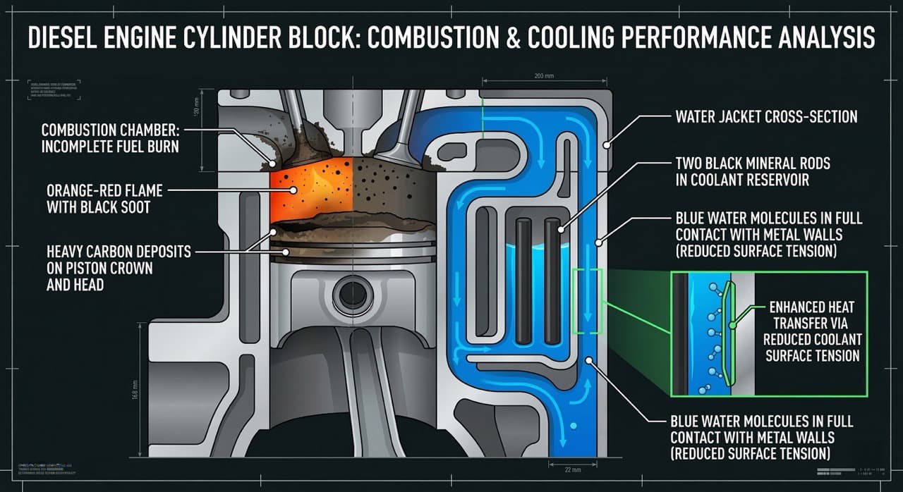 Cross-section diagram of a diesel engine showing how FuelMarble mineral rods in the coolant system reduce surface tension to improve combustion chamber heat transfer