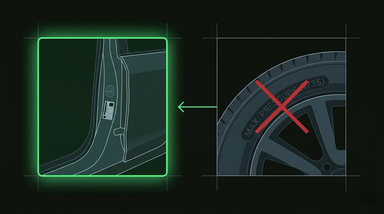 Explainer diagram showing correct tyre pressure is found on the door jamb sticker not the tyre sidewall maximum pressure marking, with correct source highlighted in green