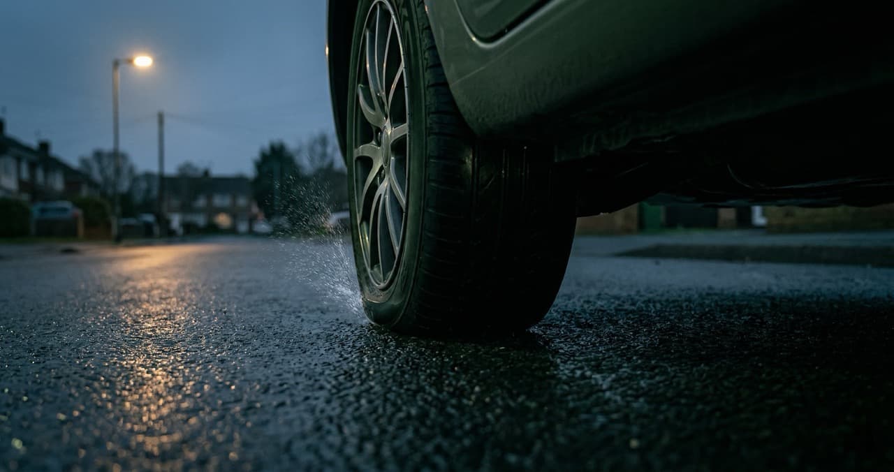 Deflated car tyre on wet UK suburban road at dusk showing visible sidewall bulge at contact patch, illustrating rolling resistance and fuel economy loss from underinflation