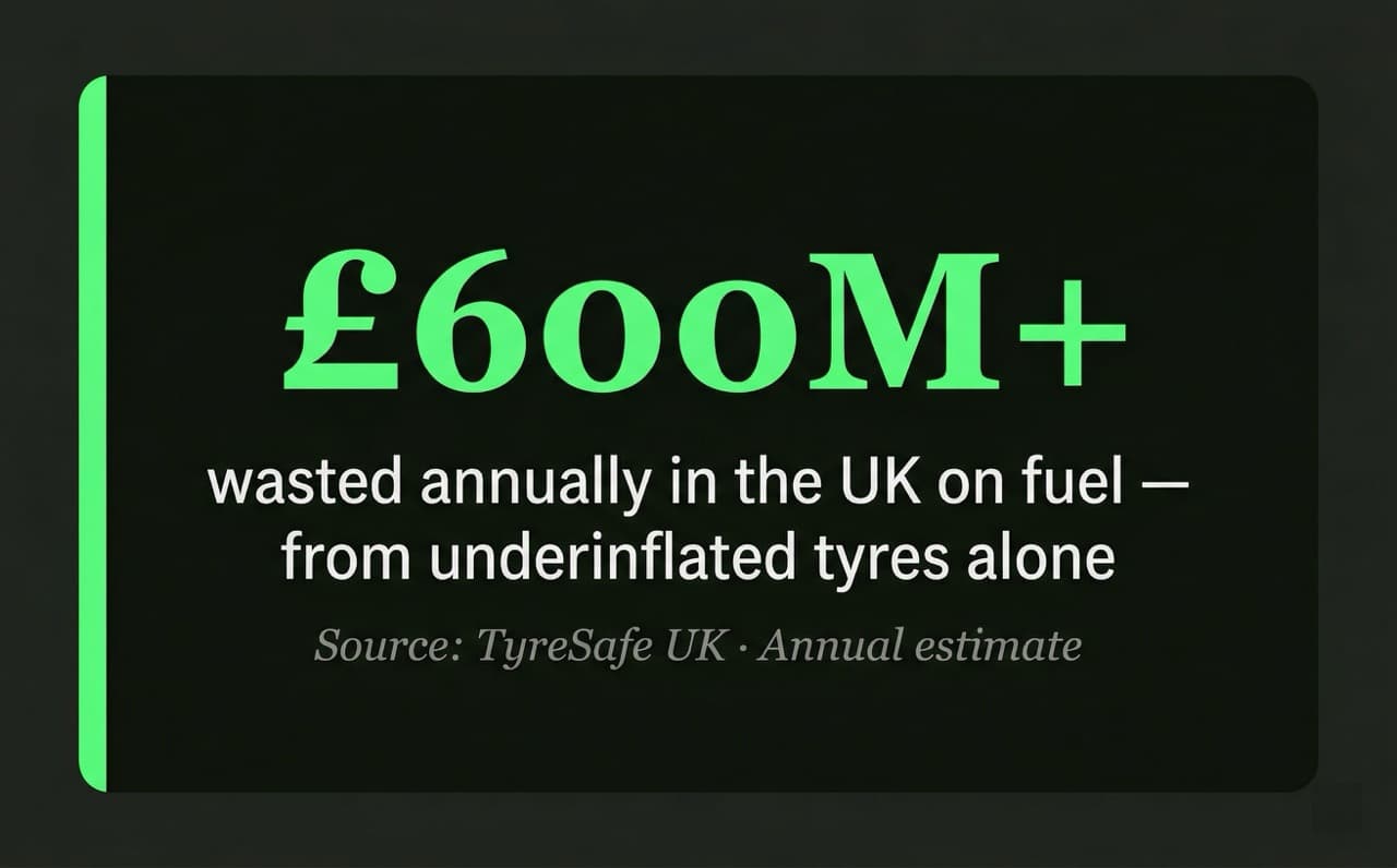 Stat block showing UK drivers collectively waste over £600 million per year in fuel from underinflated tyres, sourced from TyreSafe UK research
