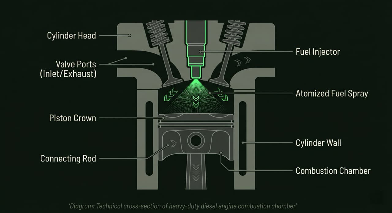 Technical cross-section of a diesel engine combustion chamber showing fuel injector spray pattern — diesel combustion efficiency affects DPF interval length