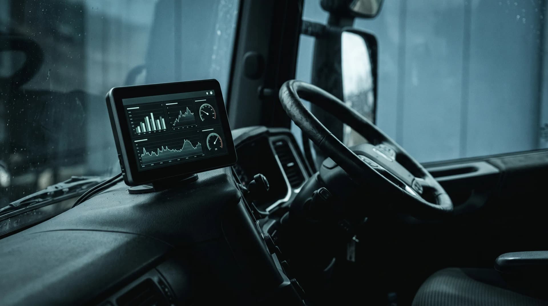 Fleet telematics dashboard showing driver MPG scores in HGV cab — driver behaviour fuel efficiency programme for UK diesel fleet