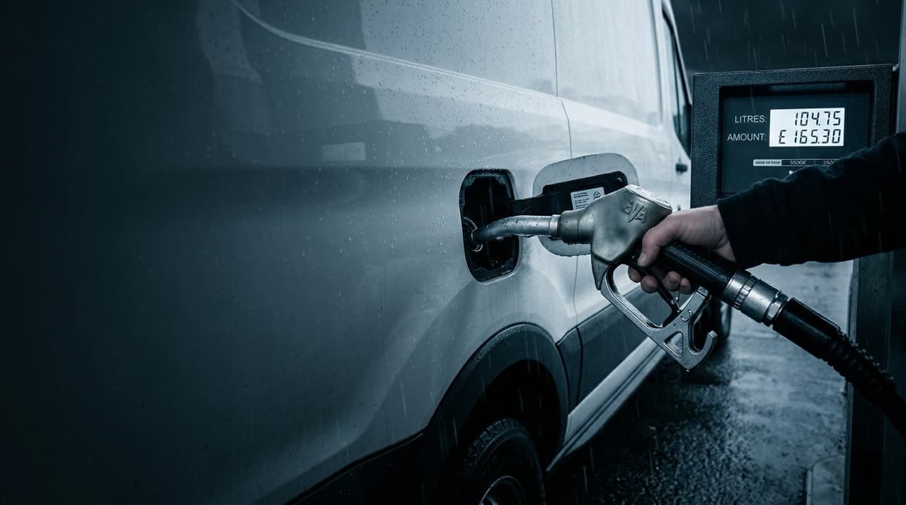 Diesel pump nozzle inserted into a white commercial van filler cap with rain droplets on the paintwork at a UK forecourt