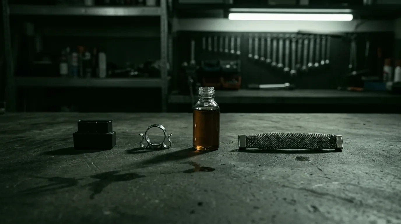 Four fuel saving device types laid out on a dark workshop bench for comparison — OBD2 dongle, magnetic clip, diesel additive bottle, and FuelMarble ceramic device