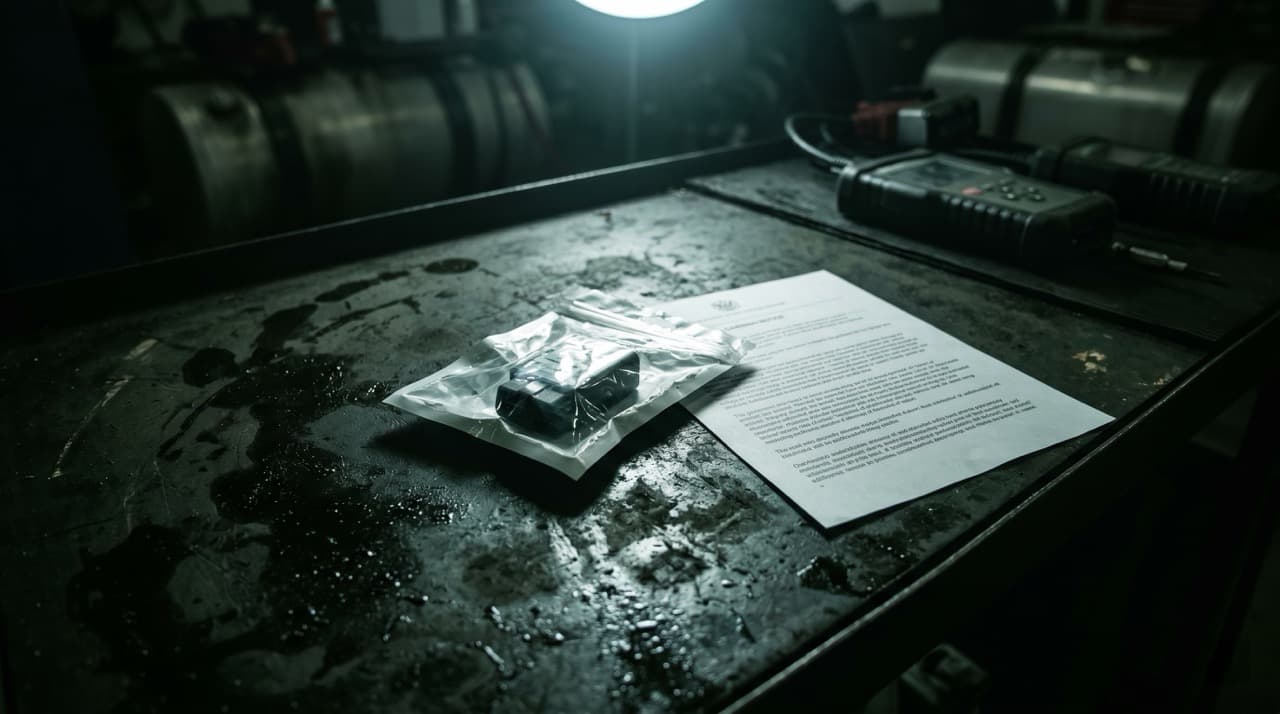 A cheap OBD2 fuel saving dongle in crumpled packaging placed beside regulatory paperwork on a dark workshop bench, illustrating FTC enforcement action against false fuel economy device claims 2026