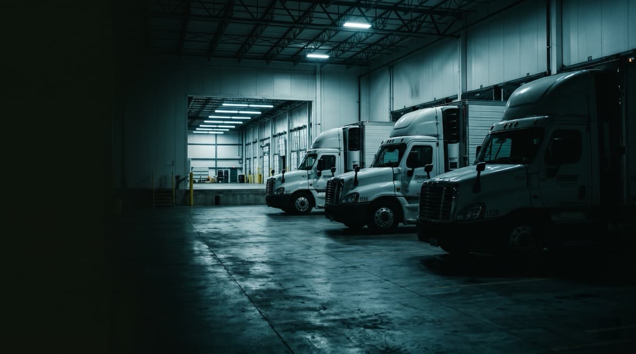 Three refrigerated Class 8 semi trucks at a commercial loading dock at night, representing a 22-truck Oklahoma refrigerated fleet where FuelMarble delivered a 7.4% MPG improvement on an already-optimised baseline.