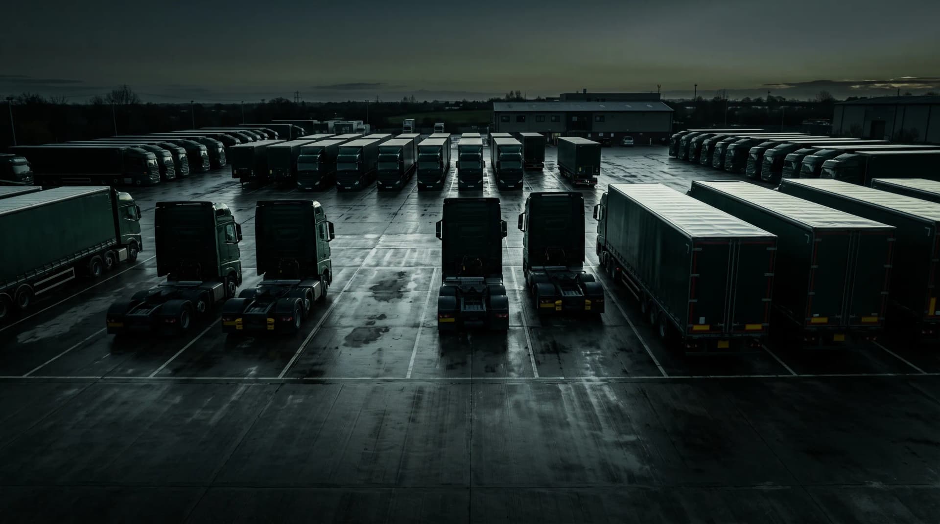 UK diesel fleet HGVs parked at depot at dawn — five-step fuel cost reduction programme without EV transition