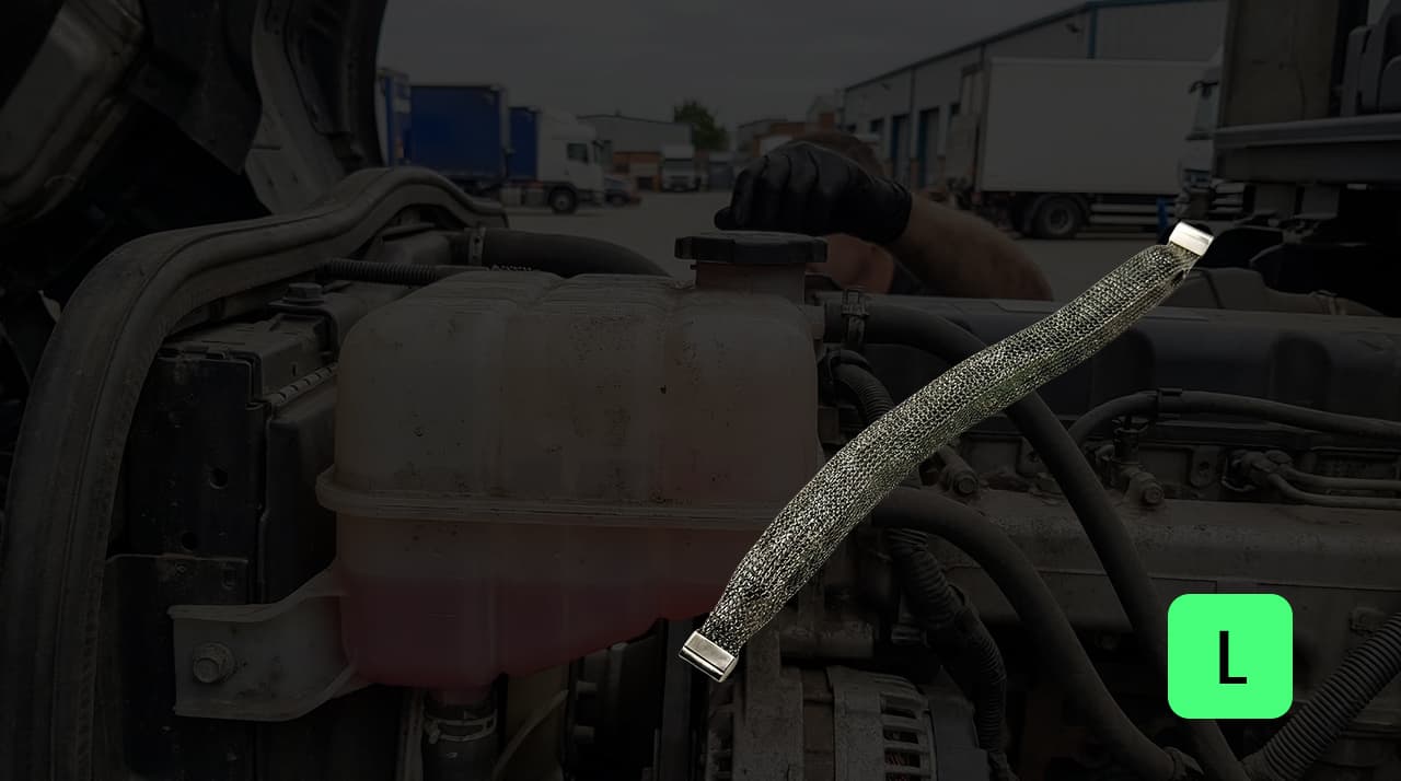 FuelMarble L unit installed in HGV coolant reservoir — diesel fleet fuel efficiency device