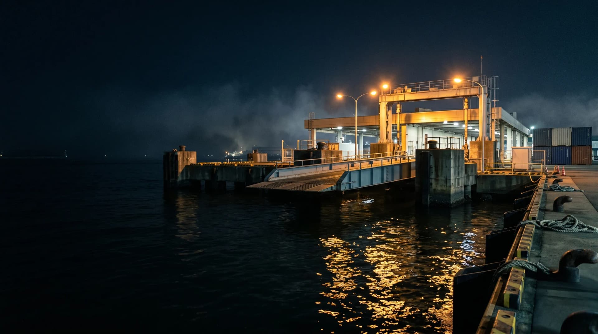 Osaka Nankō Port at night, departure point of the Miyazaki Express car ferry route, commercial dock lighting reflecting on dark water