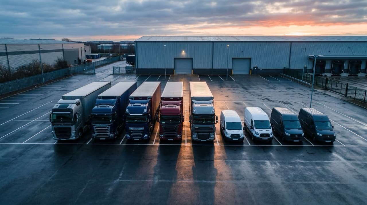 Aerial view of a UK HGV and diesel van fleet at a logistics depot — fleet fuel cost reduction guide