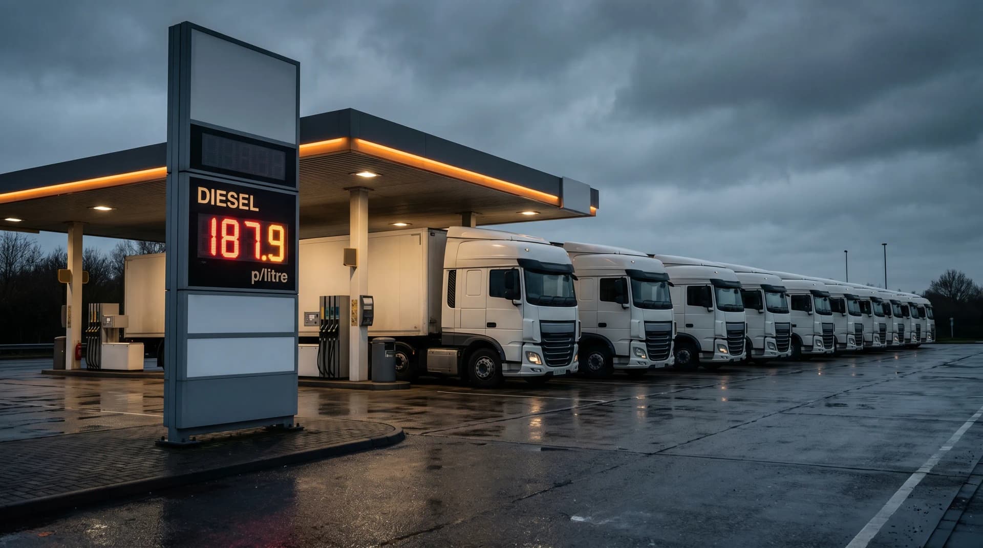 Ten HGV trucks parked at a UK fuel station at dusk with an elevated diesel price sign — representing the 2026 fleet fuel cost crisis for logistics operators